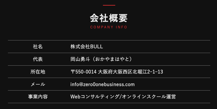 株式会社BULL｜岡山勇斗が運営する「ZERO/ONE(ゼロワン)」のHPスクリーンショット