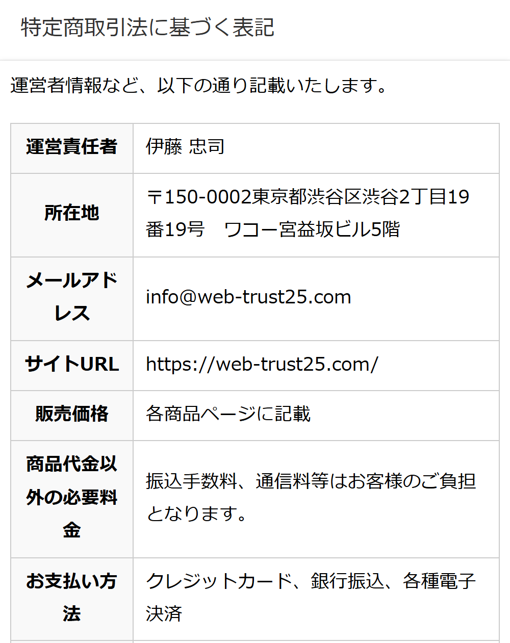 株式会社エースの特商法表記のスクリーンショット