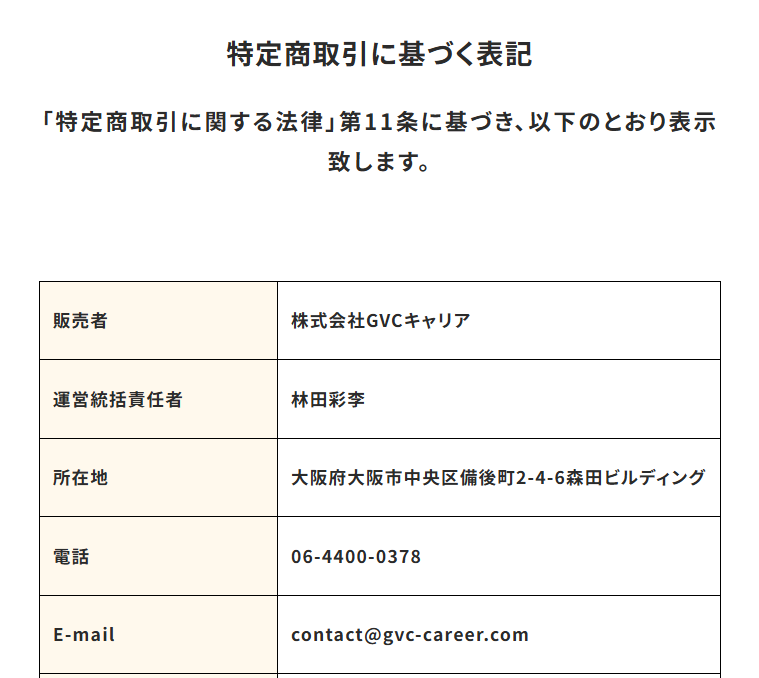 株式会社GVCキャリアの販売ページの特商法表記のスクリーンショット
