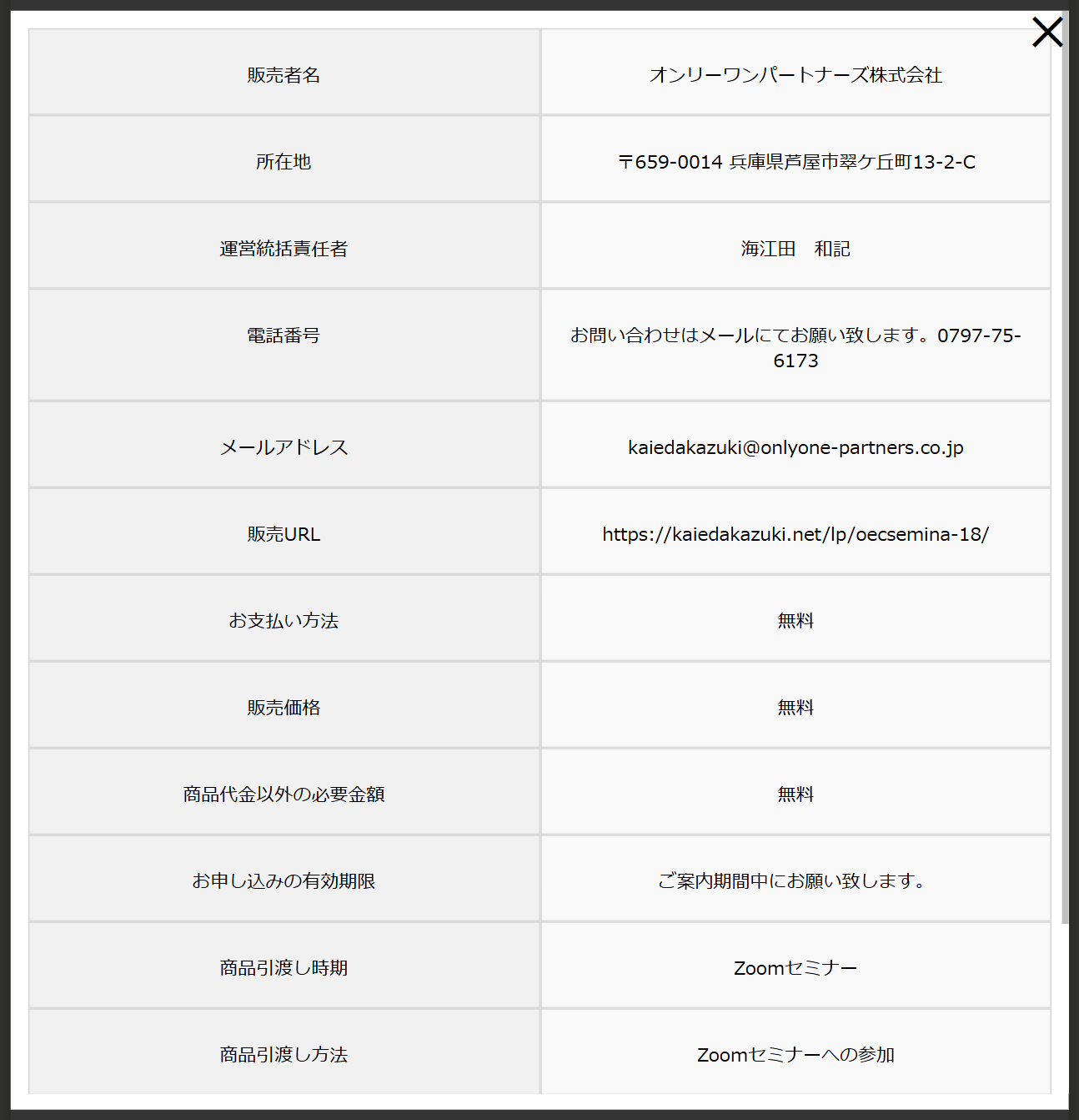 オンリーワンパートナーズ株式会社の販売ページの特商法表記のスクリーンショット
